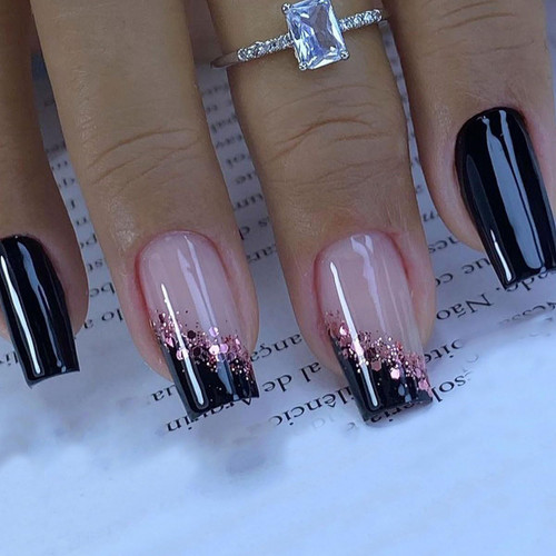 Medium Square Press on Nails Black French Tip Fake Nails Acrylic Glossy Nails with Pink Glitter Irregular Heart Designs False Nails Artificial Full Cover Nails Glue on Nails for Women and Girls 24Pcs Medium Square Press on Nails Black French Tip Fake Nails Acrylic Glossy Nails with Pink Glitter Irregular Heart Designs False Nails Artificial Full Cover Nails Glue on Nails for Women and Girls 24Pcs