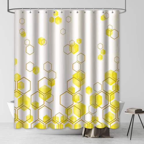 Yellow and White Hexagonal Pattern Honeycomb Shower Curtain Waterp, Abstract Geometric Beehive Simplistic Geometrical Monochrome Bathroom Decorative Bathroom 72x72 Inches