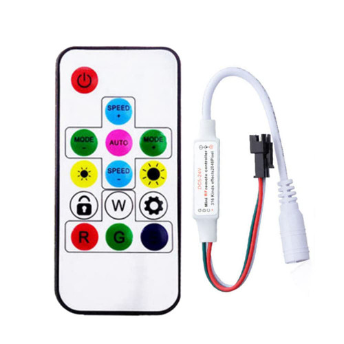 WS2812B WS2811 Addressable LED Controller RF Remote Wireless Mini Controller 5~24V DC for WS2812 WS2811 Dream Color Rainbow RGB LED Pixel Strip Panel Light, 3pin JST Connector 200 Color Modes