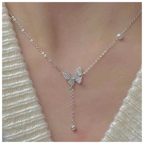 Butterfly Pearl Lariat Necklace Choker Silver Crystal Y Drop Necklace Floating Pearl Choker Necklace Long Butterfly Y Necklace Jewelry for Women and Girls