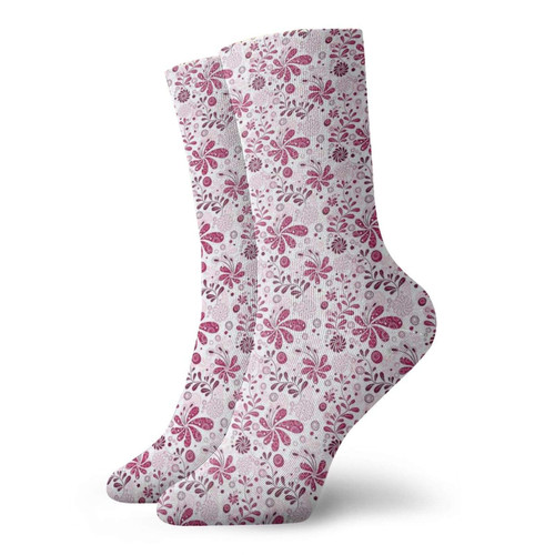 Floral Fashion Compression Socks,Blooming Flowers And Leaves On Abstract Circles Backdrop Nature,Performance Polyester Cushioned Athletic Crew Socks for Running,Athletic,Purple Magenta White -12 inch