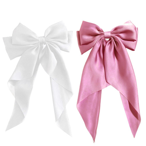 2Pcs Hair Bows for Women, Satin Bows for Hair Silky Ribbon Hair Bow Barrettes with Long Tail Satin Bow Hair Clips Big Bows Hair Barrettes hair accessories for women (Pink + White)