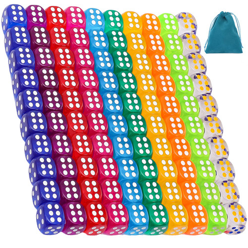 100Pieces Dice Set,6 Sided Dice,12MM Colored Dice Bulk Acrylic Dice,10 Colors Square Corner Dice with Velvet Pouch,Translucent Colors Dice Bulk Dice for Board Games Classroom Accessories Teaching Math