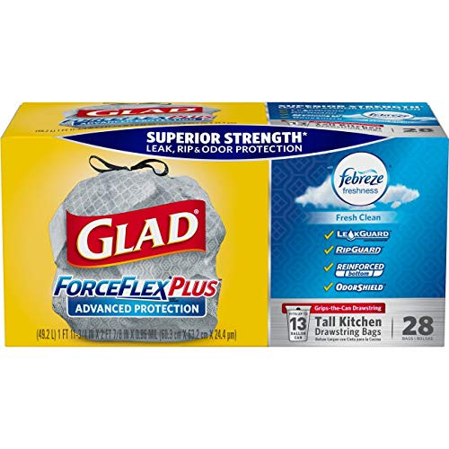 Glad Tall Kitchen Drawstring Trash Bags - ForceFlexPlus Advanced Protection 13 Gallon Grey Trash Bag, Febreze Fresh Clean - 28 Count