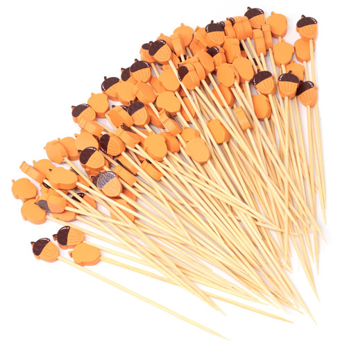 100PCS Fall Acorn Bamboo Cocktail Picks Fruit Food Hamburger Toothpicks Cupcake Toppers Sandwich Appetizer Decorative Skewers Drink Garnish Holiday Party Thanksgiving Day Decoration Sticks