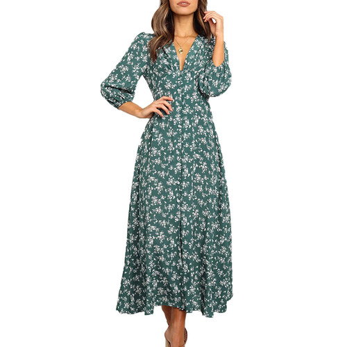 Dresses That Hide Belly Fat Long Sleeve Floral Maxi Sexy V Neck Dress Spring Fashion 2024 Casual Summer Plus Size Beach Cover Up Swimwear Swimsuit Sun Boho Dresses Clothes Outfits Green M