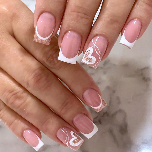French Tip Press on Nails Medium Square Fake Nails Pink Full Cover False Nails with Heart Glitter Designs Acrylic Nails White Tip Artificial Nails Glossy Stick on Nails with Glue for Women Girls 24Pcs French Tip Press on Nails Medium Square Fake Nails Pink Full Cover False Nails with Heart Glitter Designs Acrylic Nails White Tip Artificial Nails Glossy Stick on Nails with Glue for Women Girls 24Pcs