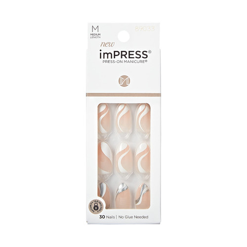 KISS No Glue Mani Press On Nails, Design, On My Mind', White, Medium Size, Almond Shape, Includes 30 Nails, Prep Pad, Instructions Sheet, 1 Manicure Stick, 1 Mini File