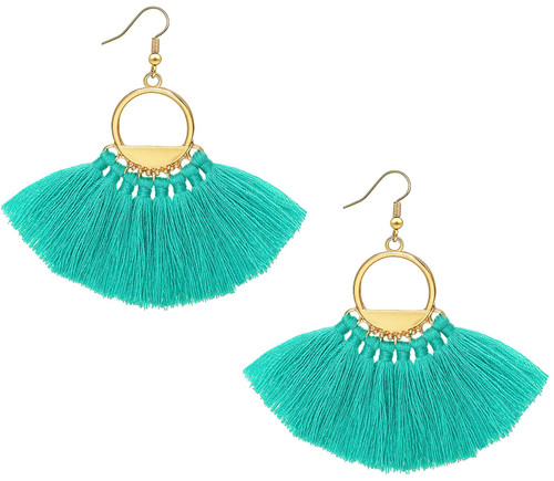 Women Tassel Earrings Bohemia Fan Shape Thread Tassel Statement Drop Dangle Earrings for Girl Lady Teal
