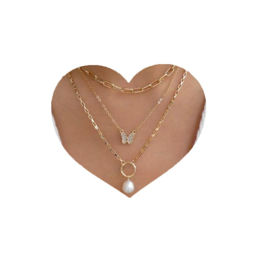 Paperclip Choker Necklaces Butterfly Layered Necklace Gold Hollow out Pearl Pendant Necklace for Women