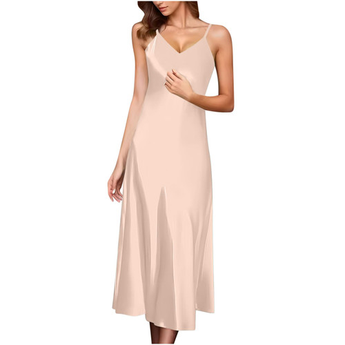 Women's 2024 Summer Casual Sleeveless V Neck Spaghetti Strap Maxi Long Dress Loose Wedding Guest Party Cocktail Dresses Beige