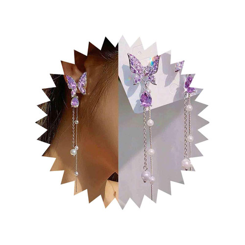 Vintage Purple Crystal Butterfly Stud Earrings Long Pearl Tassel Chain Earrings Silver Butterfly Pearl Dangle Earrings Purple Acrylic Butterfly Earrings Jewelry for Women and Girls