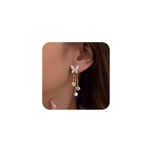 Vintage Crystal Butterfly Ear Jacket Earrings Gold Crystal Tassel Dangle Earrings Cz Butterfly Stud Earrings Long Fringe Crystal Earrings Jewelry for Women and Girls (With butterfly)