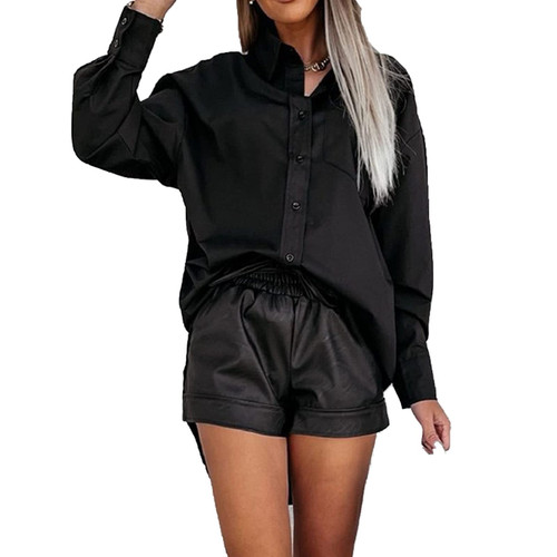 Women's Loose V-Neck Button Mini Shirt Button Down Casual Dress Shirt Tunic Fashion Roll Sleeve Lapel Dresses Shirt (Black,Small)