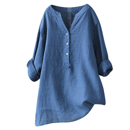 Women Cotton Linen Shirts Button Down Summer Blouse Roll-Up Sleeve Tops Tunic Trendy Boho Ladies Clothes 2023