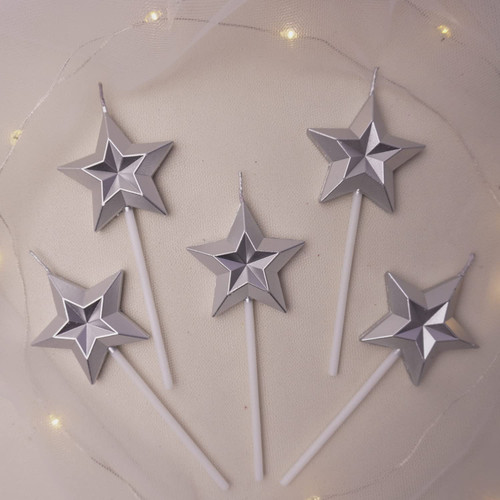 Birthday Candles, 5pcs Silver Birthday Candles for Cake, Star Shaped Sparkler Candles for Birthday Cake, Metallic Color Stereo Shaping Cake Candles Set, Happy Birthday Candles