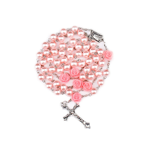 Catholic Rosary Pink Pearl Beads Necklace for Women First Communion Rosary for Girls and Boys Our Rose Lourdes Medal and Cross Rosary Necklace Catholic Rosary Pink Pearl Beads Necklace for Women First Communion Rosary for Girls and Boys Our Rose Lourdes Medal and Cross Rosary Necklace