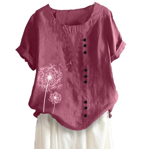 Trending Deals Womens Tops Cotton Linen Shirts Plus Size Short Sleeve Casual Crewneck Button Shirt Summer Dandelion Tshirt Blouses Hot Pink