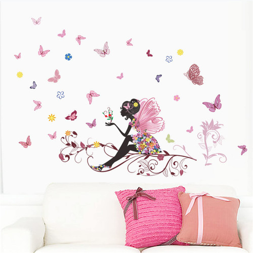 Flower Fairy Wall Murals Girl Wall Decals,peel And Stick Removable Wall Decals,Flowers and Butterflies Wall Decorations,Little Princess Wall Art Decor For Girls Kids Nursery Baby Bedroom Living Room Dance Room Wallpaper(Butterfly flower fairy)