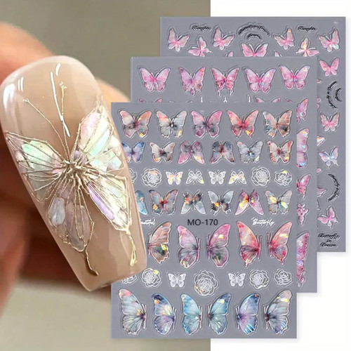 Butterfly Nail Art Stickers Decals 5D Embossed Butterfly Design Nail Decals Pink Butterfly Sticker for Nails Rose Flower Self-Adhesive Nail Art Supplies Decals for Spring Manicure Nail Art Decorations