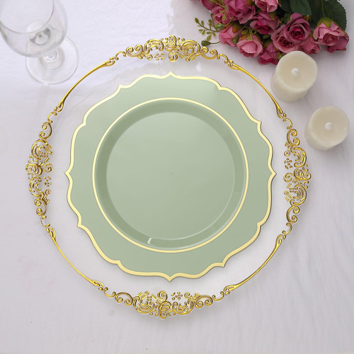 Efavormart 10 Pack | 10" Sage Green Plastic Dinner Plates Disposable Tableware Round With Gold Scalloped Rim for Wedding, Outdoor Receptions, Banquets, Holiday Dining