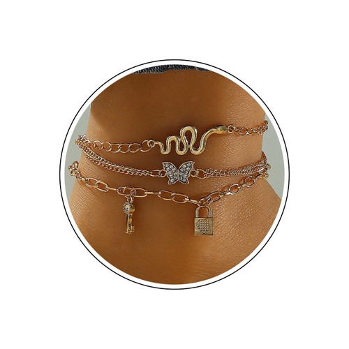 Layered Snake Ankle Bracelet CZ Butterfly Key Lock Charm Anklet Multilayer Paperclip Chain Anklet Boho Beach Wedding Ankle Chain Foot Jewelry for Women Girls