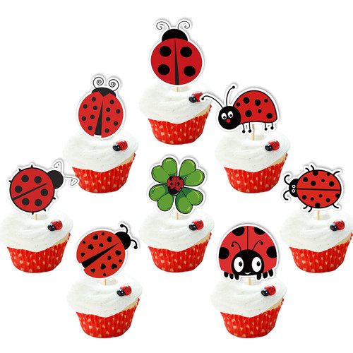 50 Pcs Ladybug Cupcake Topper Ladybug Cake Decoration Ladybug Theme Stickers (2 in 1) Little Ladybug Party Decorations 1st Birthday Party Baby Shower Party Supplies