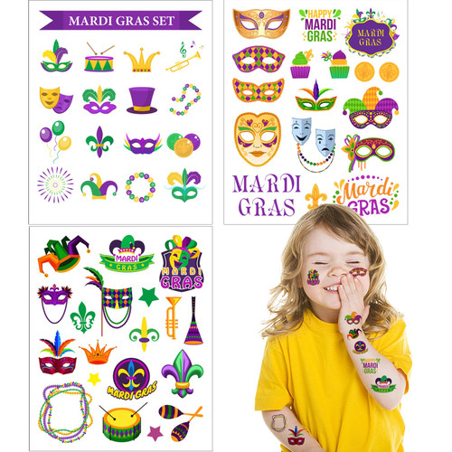 400+PCS Mardi Gras Tattoos Temporary Stickers for Kids - Carnival Birthday Party Supplies Goodie Bag Stuffers Favors Prize(24 Sheets)
