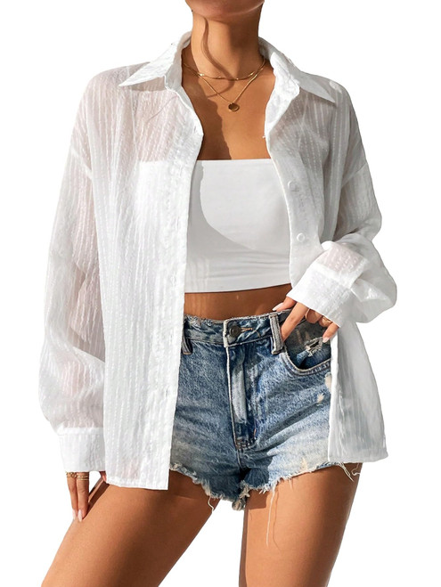 Women's Drop Shoulder Button Front Solid Long Sleeve Sheer Casual Plain Shirt White L CETZQ124