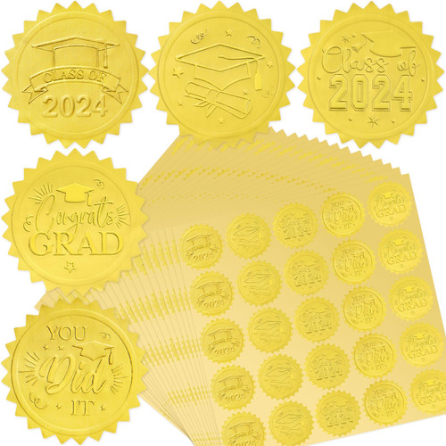 Gold Embossed Graduation Seals Class of 2024 Graduation Cap Foil Stickers for Diploma Certificate Awards Envelopes Decor 500Pcs