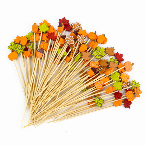 100PCS Fall Cocktail Picks 4.7 Inch, Leaves Pumpkins Acorns Decorative Fancy Toothpicks Bamboo Appetizer Toothpicks Fruit Skewers for Fall Thanksgiving Day Party Food Fruit Drinks Decoration