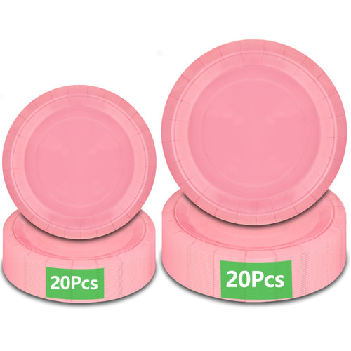 40Pcs Disposable Paper Plates Pink,Including 20pcs 9" and 20pcs 7" Plates,Strong and Sturdy Disposable Plates for Party, Dinner, Holiday, Picnic,Birthday Party, Dinner Table, Wedding