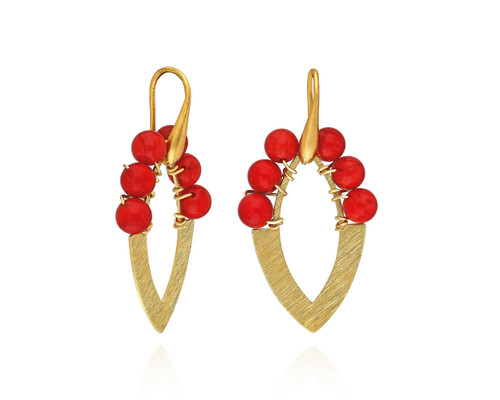 Coral Dangle Earrings 24K Gold Plated Brass - Handmade Boho Jewelry for Women - Natural Coral Dangling Drop Statement Earrings Jewelry Gifts for Women - KP020