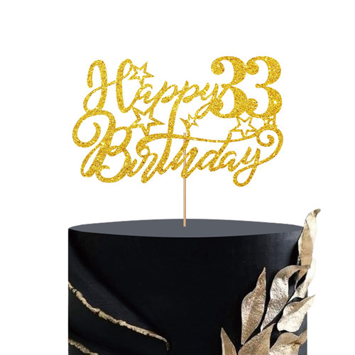 Happy 33rd Birthday Cake Topper, 33rd Anniversary Party Supplies, 33 Years Old Birthday Party Decoration - Gold Glitter