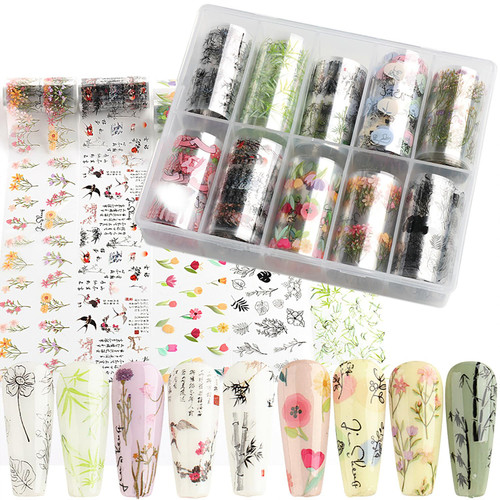10 Rolls Flower Nail Foil Transfer Sticker Kit Bamboo Ink Painting Pattern Nail Foil Sheets Foil Nail Art Decals Spring Nail Foil Transfer Stickers Foil Nail Wraps for Foil Nail Art