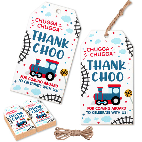 50Pcs Train Thank You Tags, Thank Choo for Coming Abroad Gift Tags for Railroad Train Party Favors, Crossing Choo Choo Chugga Chugga Two Two Train Birthday Party Decorations Supplies