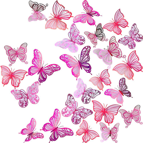 3D Butterfly Wall Decor 3 Sizes 4 Styles, 48Pcs Butterfly Decorations Party Birthday Cake Decoration, Removable Wall Stickers for Kids Nursery Wedding Bedroom Room Decor (Pink)