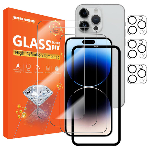 [3+3Pack] for iphone 15 Pro MAX Screen Protector 3Pack + Camera Lens Protector 3Pack, Tempered Glass Screen Protector [With Easy Installation Frame] [9H Hardness] [Anti-Scratch] [Bubble