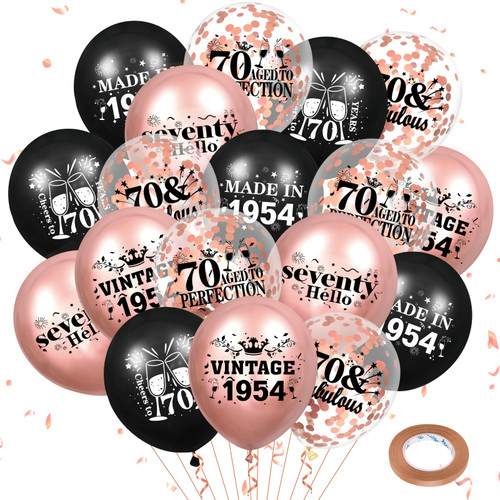 70th Birthday Balloons 18Pcs Rose Gold and Black 1954 Balloons 70th Birthday Party Decorations for Women 12 Inch Confetti Latex Vintage Sweet 70th Balloons for 70th Birthday Anniversary Party Supplies