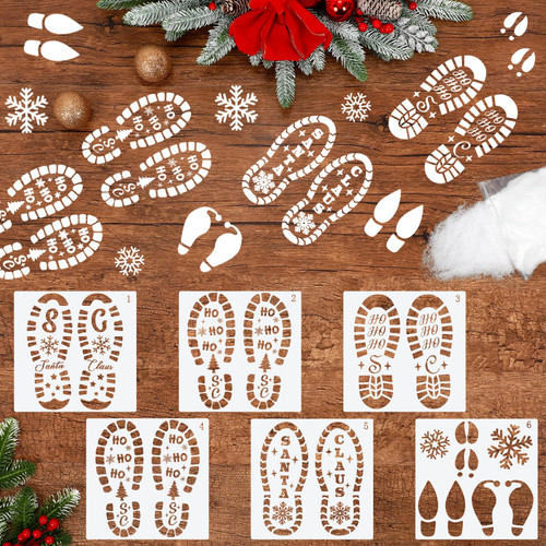Christmas Holiday Footprint Stencils for Painting Reusable Santa Footprints Stencil Elf and Snowflake Christmas Template and Bags Fake Snow Decoration for DIY Holiday Xmas Craft (24 Pcs)