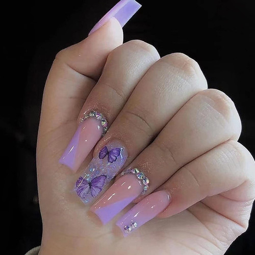 Long Coffin Press on Nails Ballerina Fake Nails Purple French Tip Acrylic Nails Glossy Glue on Nails Butterfly Artificial Nails Bling Glitter Stick on False Nails with Rhinestone Design 24 pcs