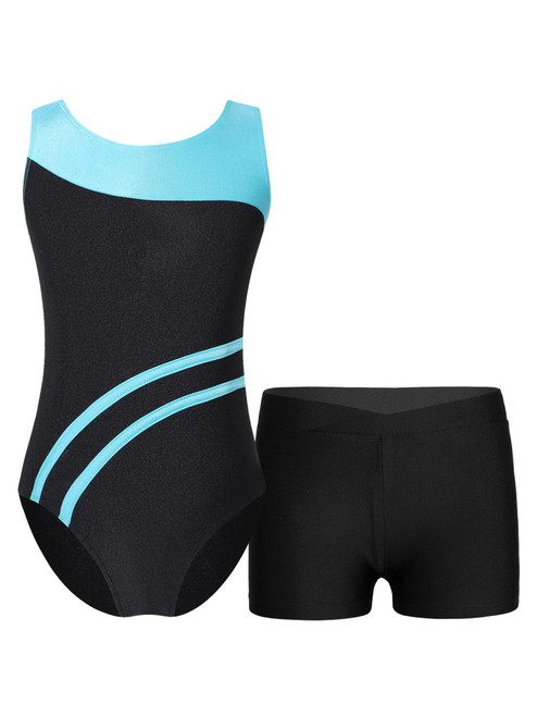 Kids Girls 2 Piece Gymnastics Dance Outfits Sleeveless Leotard with Shorts Athletic Ballet Biketard Unitard Cyan 8