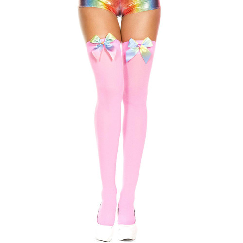 Neon Pink Opaque Rainbow Satin Bow Thigh High, One Size