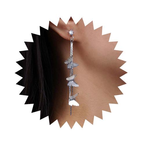Vintage Crystal Butterfly Earrings Silver Butterfly Tassel Earrings Cz Butterfly Chain Earrings Long Butterfly Fringe Earrings Jewelry for Women and Girls