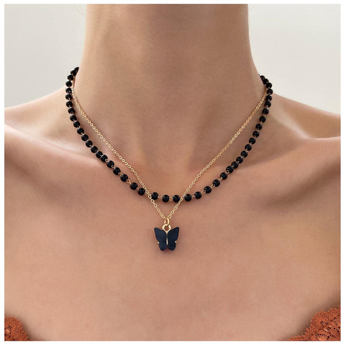 Bohemian Black Rosary Bead Chain Necklace Layered Crystal Butterfly Necklace Gold Butterfly Pendant Necklace Layered Butterfly Choker Necklace Jewelry for Women and Girls Gifts