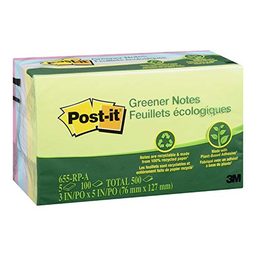 Post-it Greener Notes, Americas #1 Favorite Sticky Note, 3 in x 5 in, Helsinki Collection, 5 Pads/Pack (655-RP-A)