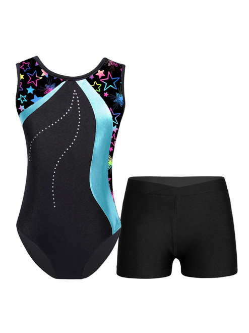 Kids Girls 2 Piece Gymnastics Outfits Sleeveless Tank Leotard with Shorts Dance Ballet Unitard Biketard Cyan 9-10
