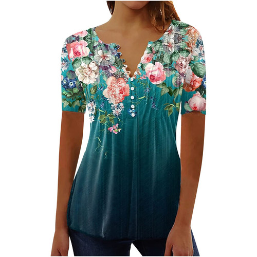 Sales Clearance Today Deals Prime Summer Tops for Women 2024 Vacation Trendy Boho Floral Short Sleeve Tunic Shirts Casual Loose Button V Neck Tshirt Blouse,Cute Summer Tops for Women