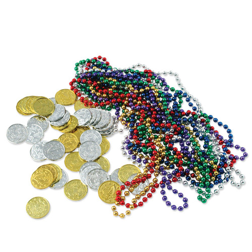 Treasure Loot Includes: 12 - Asstd Color Party Beads, (50 - Asstd GD & S Plastic Coins) Party Accessory (1 count) (