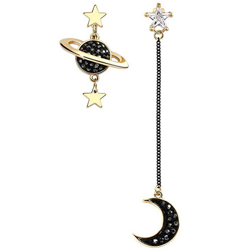 Moon And Star Earrings For Women Girls Sterling Silver Hypoallergenic Sensitive Ears Dangling Cubic Zirconia Dangle Stud Earrings Jackets Drop Asymmetry Long Gold/Black Boho S925 Kpop